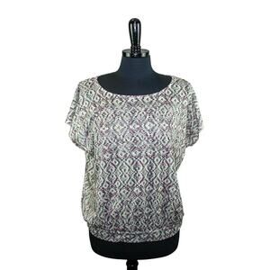 Chico's Blouson Blouse Top Short Sleeves Block Print Glitter Detail 2